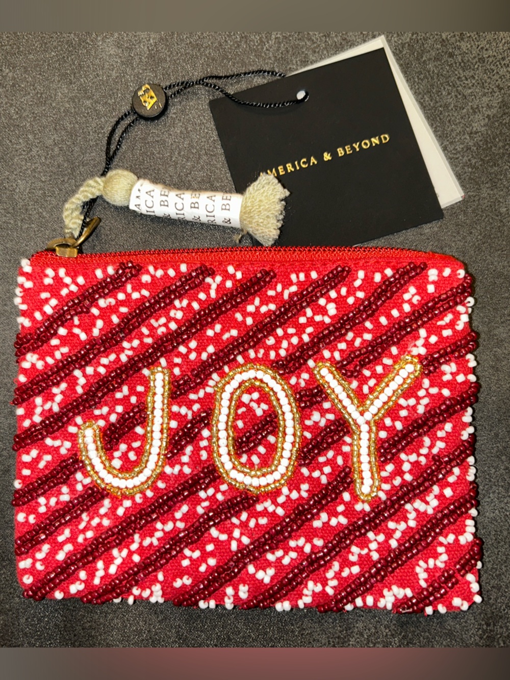 NWT America & Beyond Beaded Artisan Coin Purse Pouch Joy Holiday Christmas Red